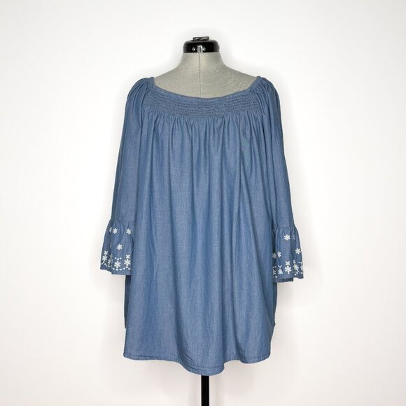 Terra & Sky Tops - Terra & Sky Smocked Neck Denim Blue Tunic with Eyelet Embroidery - 1X